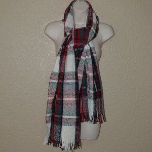 Luisa Brini Red White Plaid Fringe Wool Blend Scarf